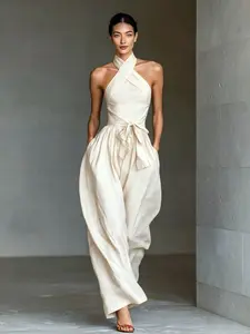 Women's Fashion Tie-Back Cross Halter Sleeveless Jumpsuit, Loose Fit Wide Leg Casual Romper, Stylish Belted Waist Design