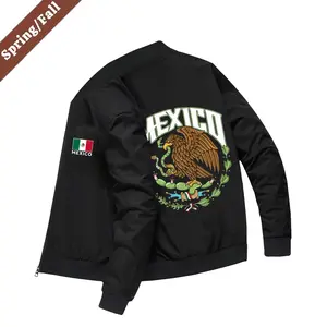 Men's Fashion Casual Flight Jacket American Vintage Streetwear Mexican Eagle Print Unique Design Pocket Details A Must Have For Autumn Winter Men'S Coat Top Long Sleeve Black Round Neck Tropical