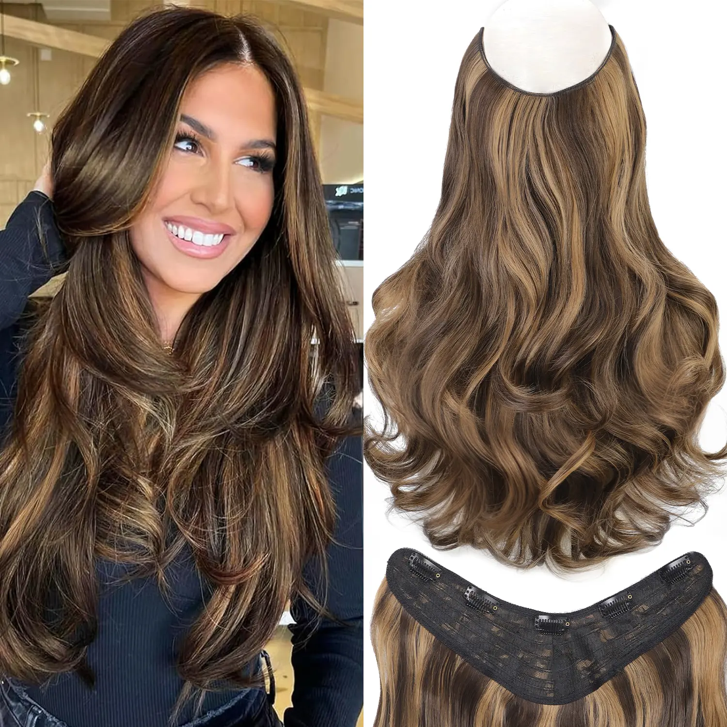Clip in Hair Extensions,20Inch Long Wavy Hair Extensions for Women Clip Ins Soft Full Head Synthetic Hairpieces with 5 Clip One-Piece Design,Balayage Dark Brown to Chestnut Brown