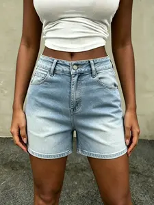 Mid-Rise Denim Shorts for Women, Mid-Stretch Light Wash Casual Jean Shorts, Slim Fit Summer Bottoms with Classic Pockets, Trendy High Waist Effect Casual Shorts for Daily & Beach Wear	