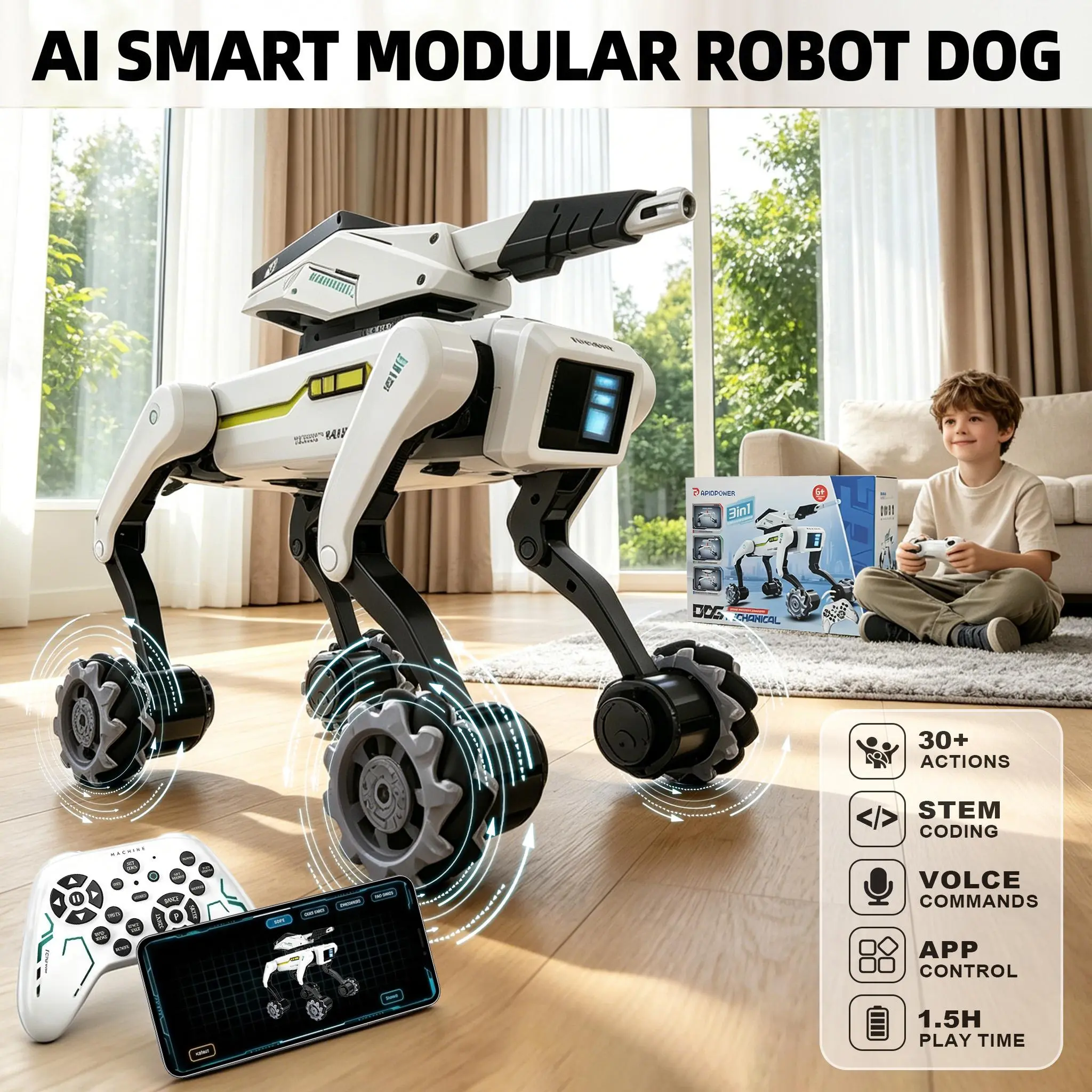 Akeleo Multifunction 3 in 1 Robot Dog with Wheels Kit, 30+ Bionic Actions, Voice & Remote Control, Programmable Moves, Rechargeable Battery, All-Terrain Stunt Pet Toy for Kids, Removable Claw & Cannon (Boy Gifts), Built-In Fun Songs Transfor, Ages 6+