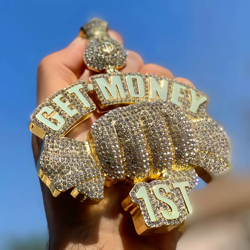 Hip Hop Candy GET Money Bold Text Pendant Necklace with Synthetic Zirconia Stones Unisex Golden-Tone Statement Jewelry for Casual Attire Parties Valentine's Day Gifts AE2676376