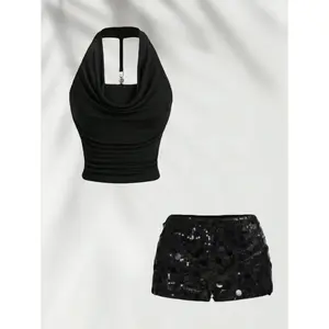 DAISY DOSE Summer Sexy Backless Metal Chain Buckle Halter Crop Top, Fashionable Bling Shiny Graphic Hot Pants Short Set, Two-Piece for Women