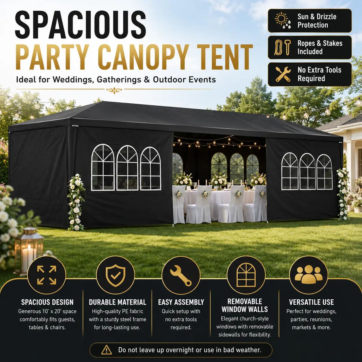 10x30 FT Adjustable Shade Canopy Tent - Outdoor Event Shelter with Removable Window Walls, Zipper Door, Ropes & Stakes, Easy Assembly for Backyard BBQ, Party, Graduation Gatherings, Outdoor Dining (Assembly Required), High-Quality Canopy Fabric, No Extra