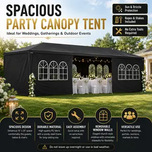 10x30 FT Party Canopy Tent Outdoor Event Shelter Spacious Patio Tent with Removable Window Walls Zipper Door Ropes and Stakes Easy Assembly for Wedding Backyard BBQ Family Gathering Dining Dancing Commercial Event Use