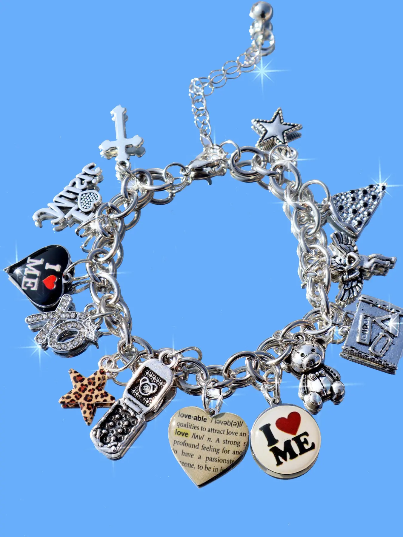 Vintage Heart Charm Bracelet, Leopard Print Star Bracelet, Angel Cross Bracelet, Retro Bear Phone Strap, Letter Xoxo Charm Bracelet