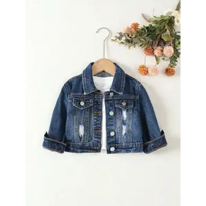 Baby Girl 1pc Ripped Flap Pocket Denim Jacket