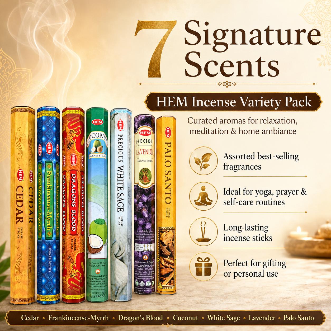 HEM Incense Sticks Variety Pack, 7 Boxes, 140 Sticks Total, Assorted Aromatherapy Incense for Meditation, Yoga, Prayer, Relaxation, Cleansing, Spiritual Rituals & Home Fragrance