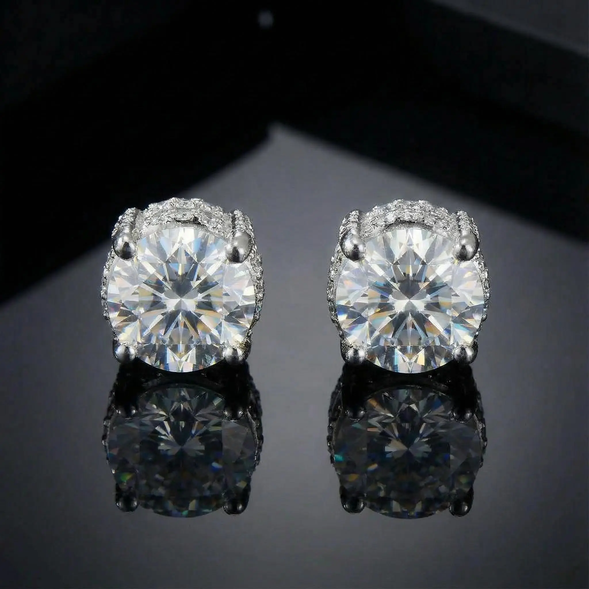 Moissanite Full Paved Earrings Round Stud Cut Earrings  VVS D Color 925 Sterling Silver Synthetic Moissanite Earrings Jewerly Gift