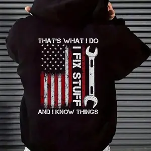 Women's Cotton Fabric Traditional Casual Fit "I Fix Stuff" Vertical Wrench Mechanic American Flag Hoodie
