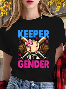 100% Cotton Keeper Of The Gender Baseball or Bows Gender Reveal Party T-Shirt T-Shirt Print Round Neck Short Sleeve T-Shirt For Women Casual, Summer, Women Top Graphic Tees Women Tops