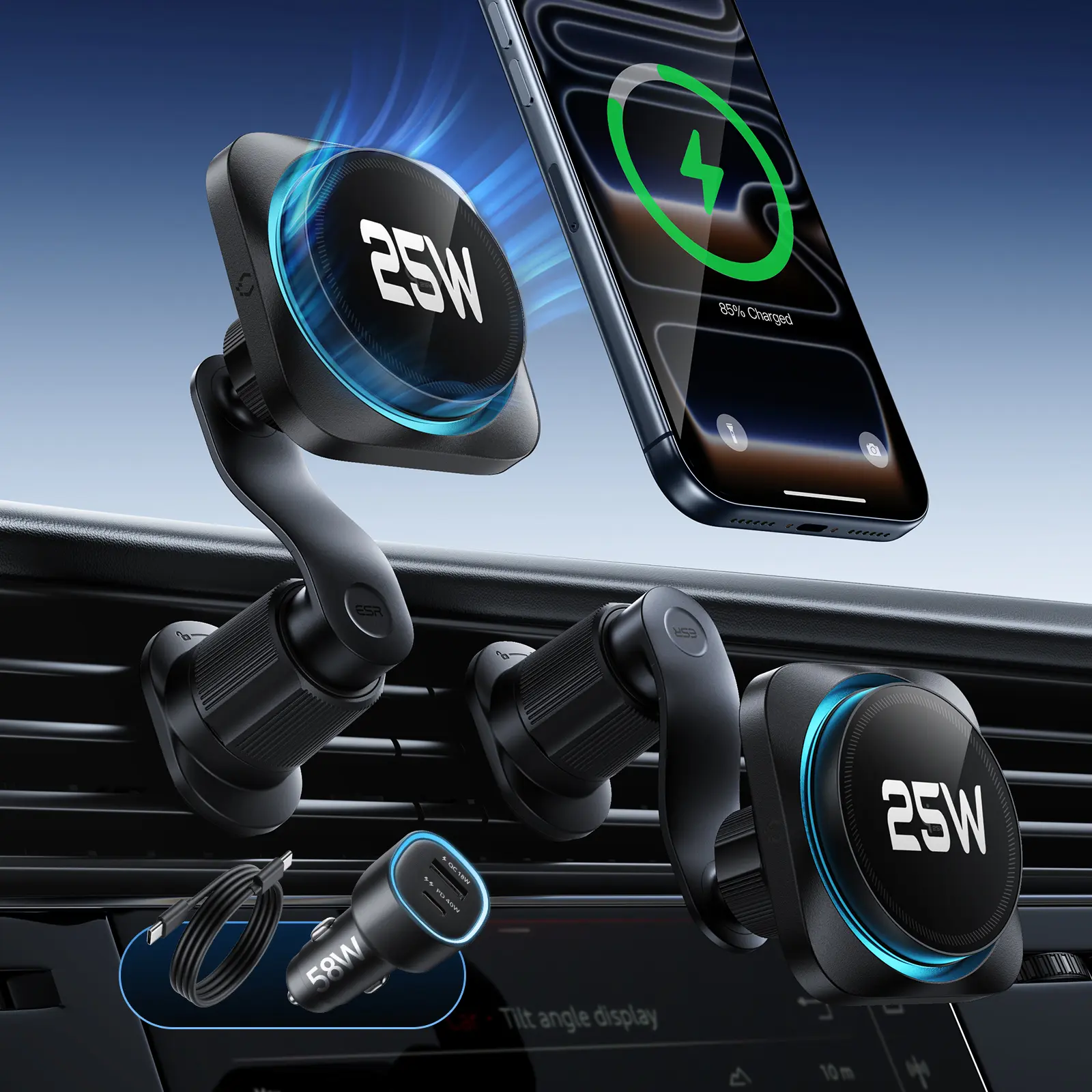 ESR OmniLock Qi2.2 Certified 25W MagSafe Car Mount Charger with CryoBoost, Phone Cooling MagSafe Car Charger, 360° Rotatable, Air Vent Magnetic Car Phone Holder for iPhone 17/16 with iOS 26