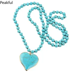 Fashion Bohemian Jewelry Accessory 8mm Blue Stones Knotted With Stone Heart Pendant Necklaces For Women Boho Necklace