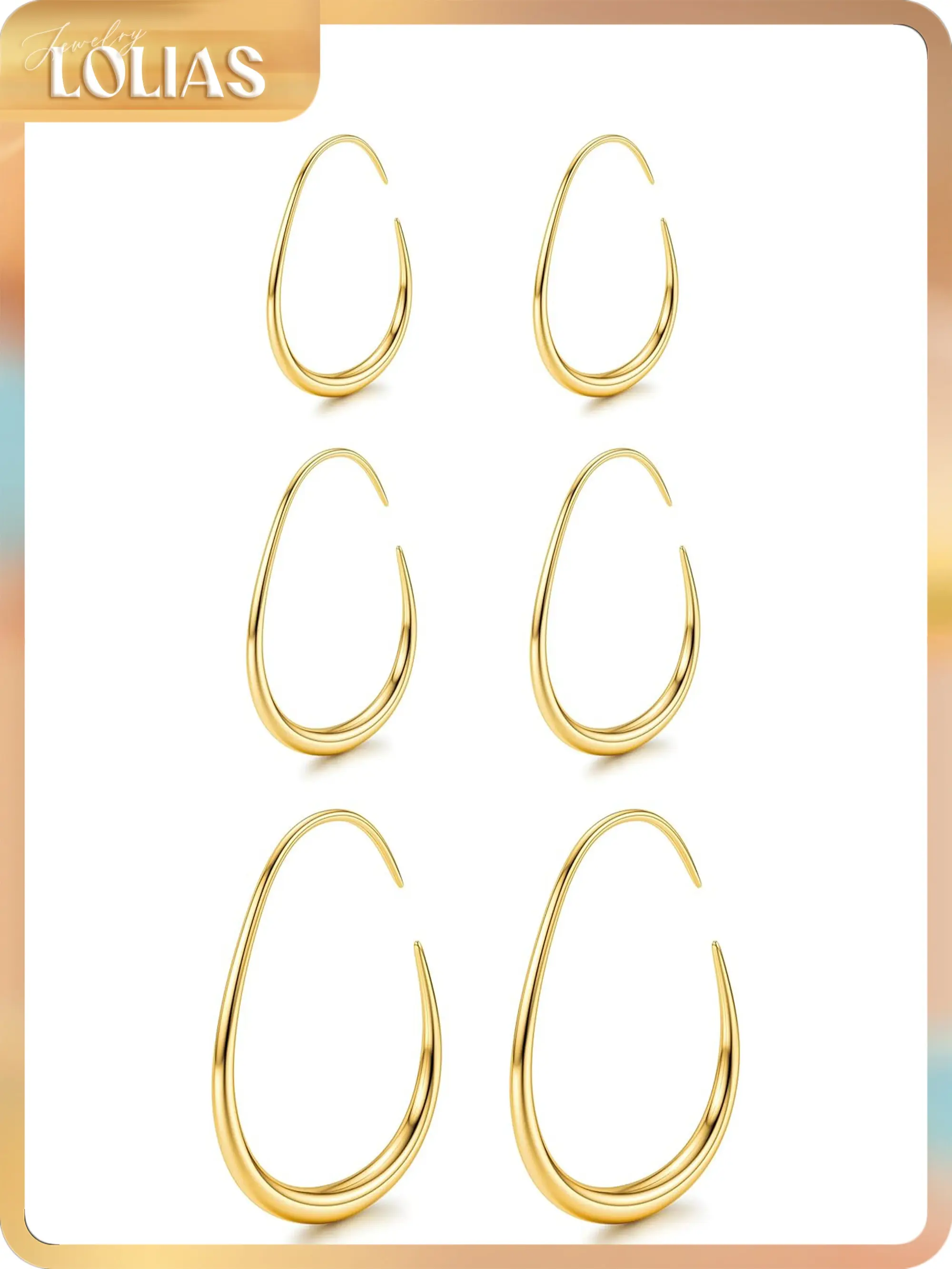 LOLIAS 3 Pairs Teardrop Hoop Earrings for Women Trendy 14K Gold Plated Oval Pull Through Hoop Earring Set Hypoallergenic Stainless Steel Earrings Lightweight Statement Backless Earring Women's jewelry