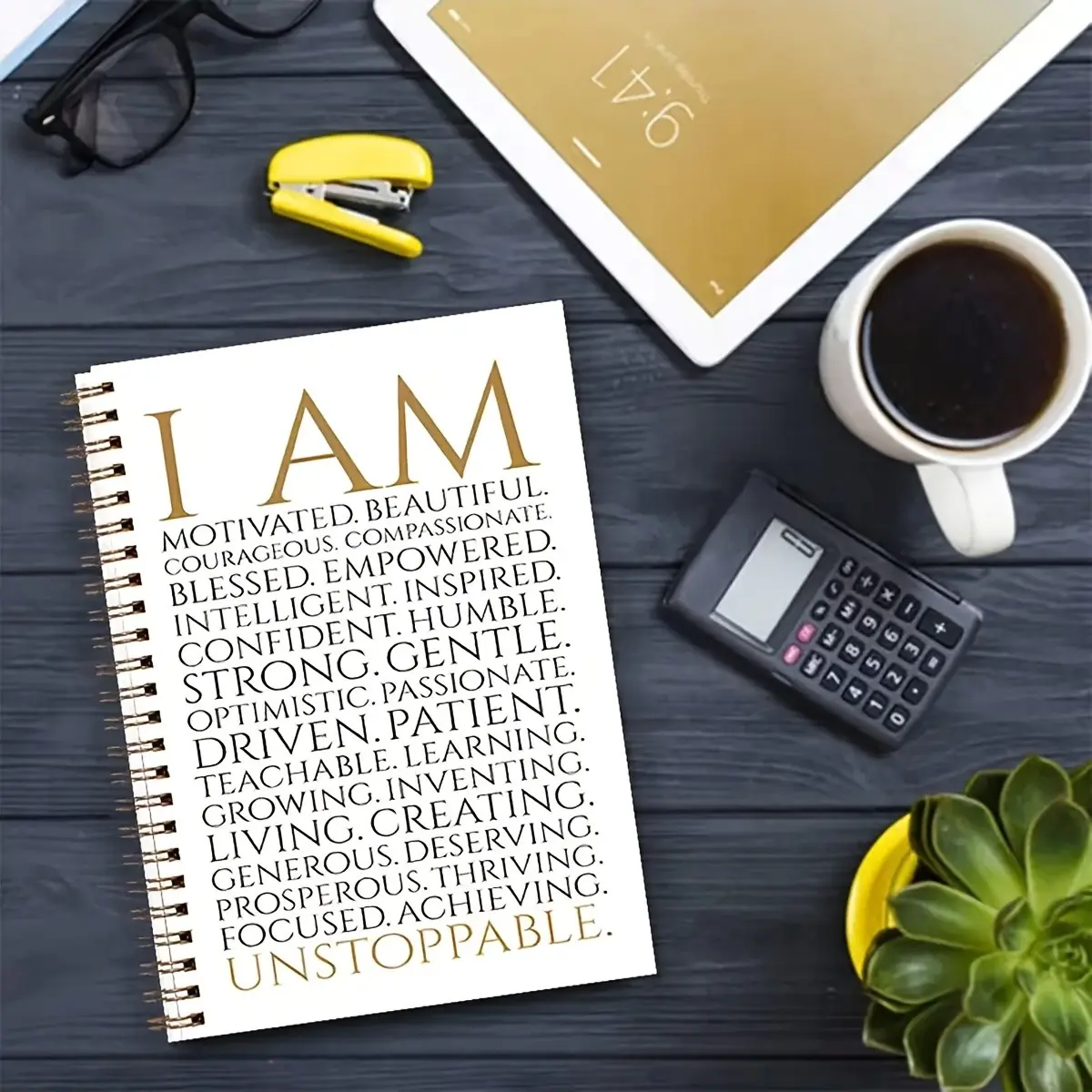 "i Am" Inspirational Gold Foil Coil Notebook, Student Learning Classroom Notebook, Confidence Declaration Study Book, Motivational Journal