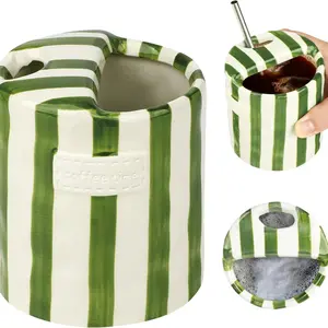 Novelty Ceramic Coffee Mug Designed to Look Like a Gift Box, 10oz Retro Hand-Painted Ceramic Travel Mug, Green & White Striped Design, Microwave & Dishwasher Safe, Washable, Perfect Present for Coffee Lovers, Drinkware