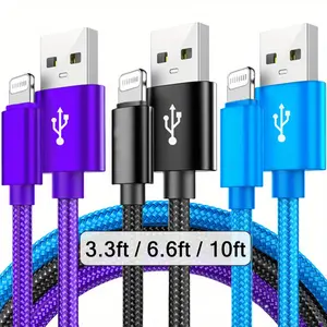 Nylon Braided Lightning Cable for iPhone 14/13/12/pro Max/x/XR/XS/8/7/6s/6/iPad, Male to Male USB Charging Data Sync Cord, 5-10w Power Output Lightning Connector