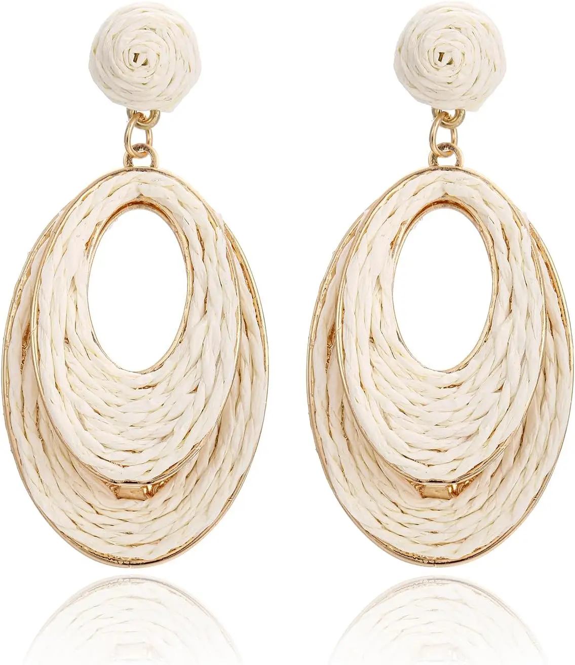 Raffia Hoop Earrings for Women - Lightweight Boho Dangle , Summer Beach Vacation Accessories, Round Oval Straw Wrap Design