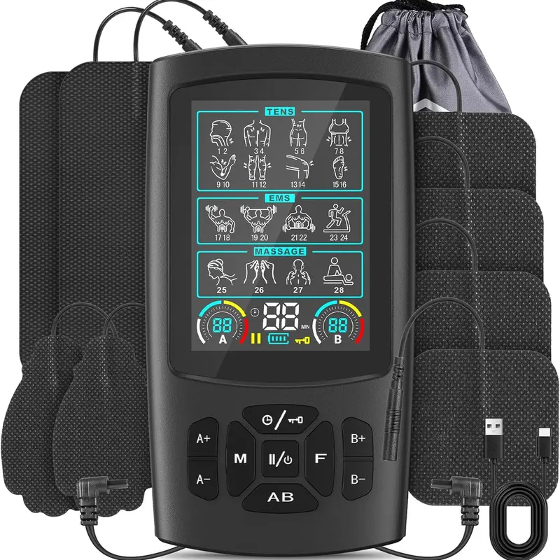GOBOK TENS & EMS Muscle Stimulator Device for Adults, Doctor-Recommended Dual-Channel Therapy Machine with 28 Modes, 8/12 Multi-Size Rectangle Shaped Body-Fit Electrode Pads, New Upgraded Color Screen for Back & Neck Pain Relief