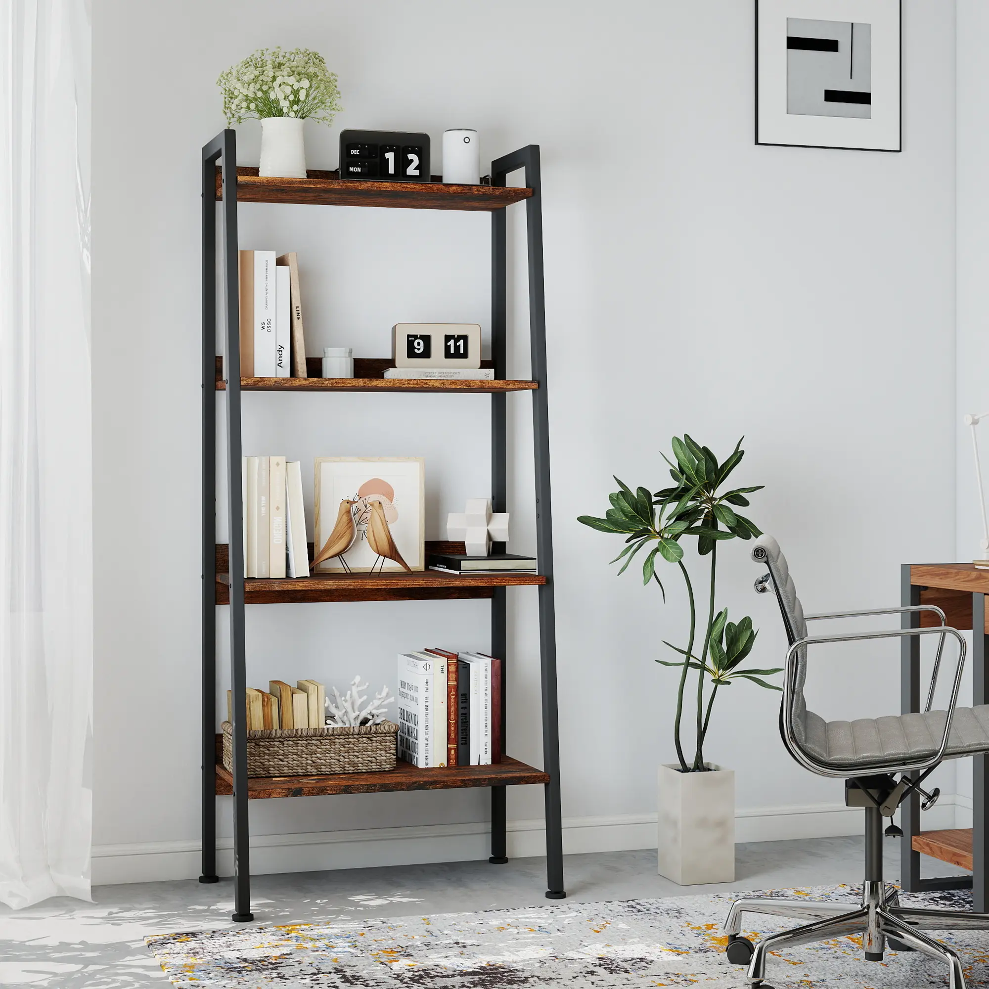 Murago 4-Layer Rustic Brown Wooden Bookshelf Rack, Freestanding Anti-Tipping Small Space Storage Rack, Home Supplies Organizer for Living Room, Balcony (Room Accessories Included)