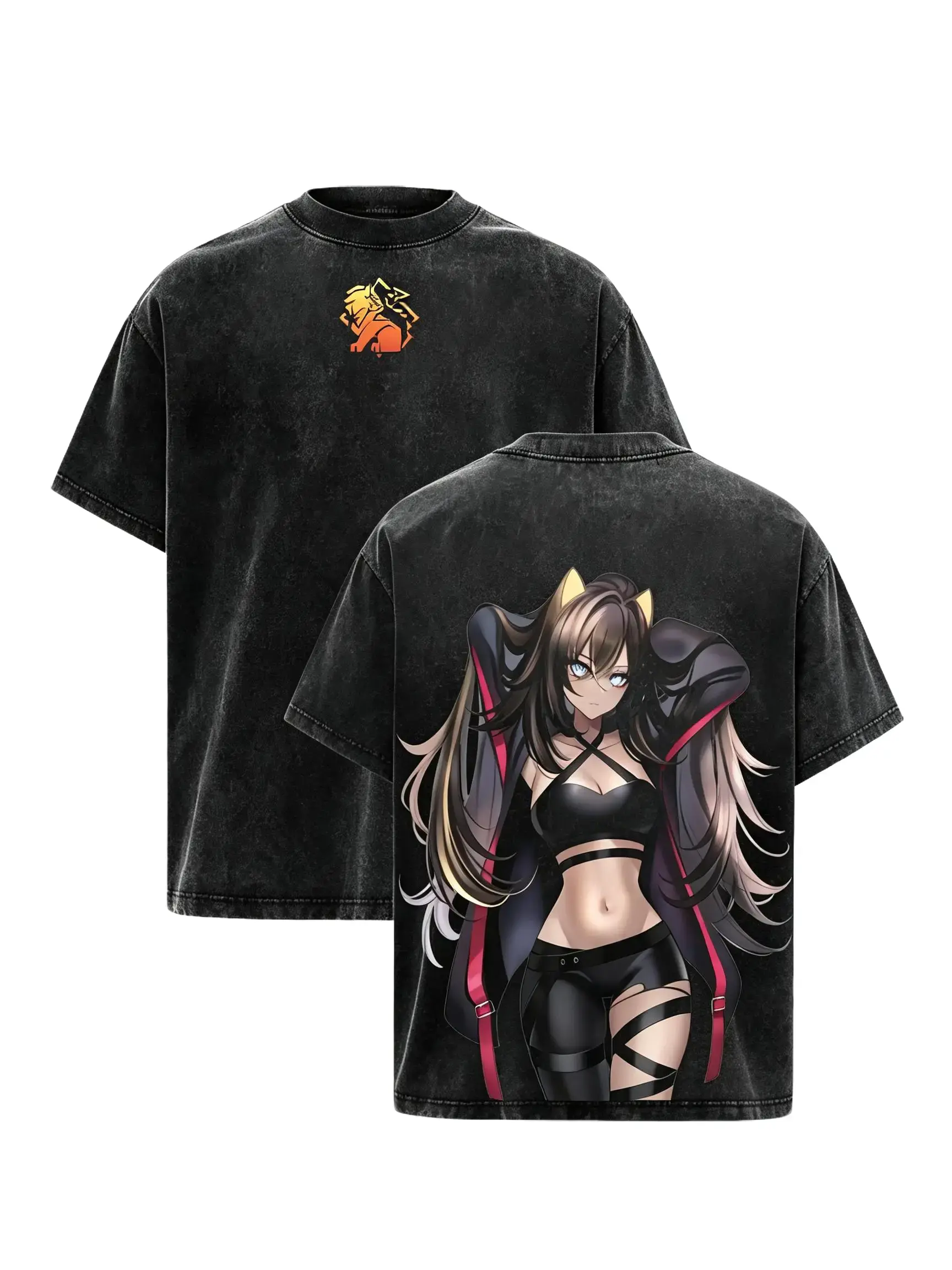 Men's Genshin Impact Dehya Fiery Mercenary Oversized T-Shirt - Acid Washed, Cat Ears, Baggy, Short Sleeve, Stylish Bootleg Gaming Waifu Heavyweight Menswear Tops Fandom Graphic Apparel