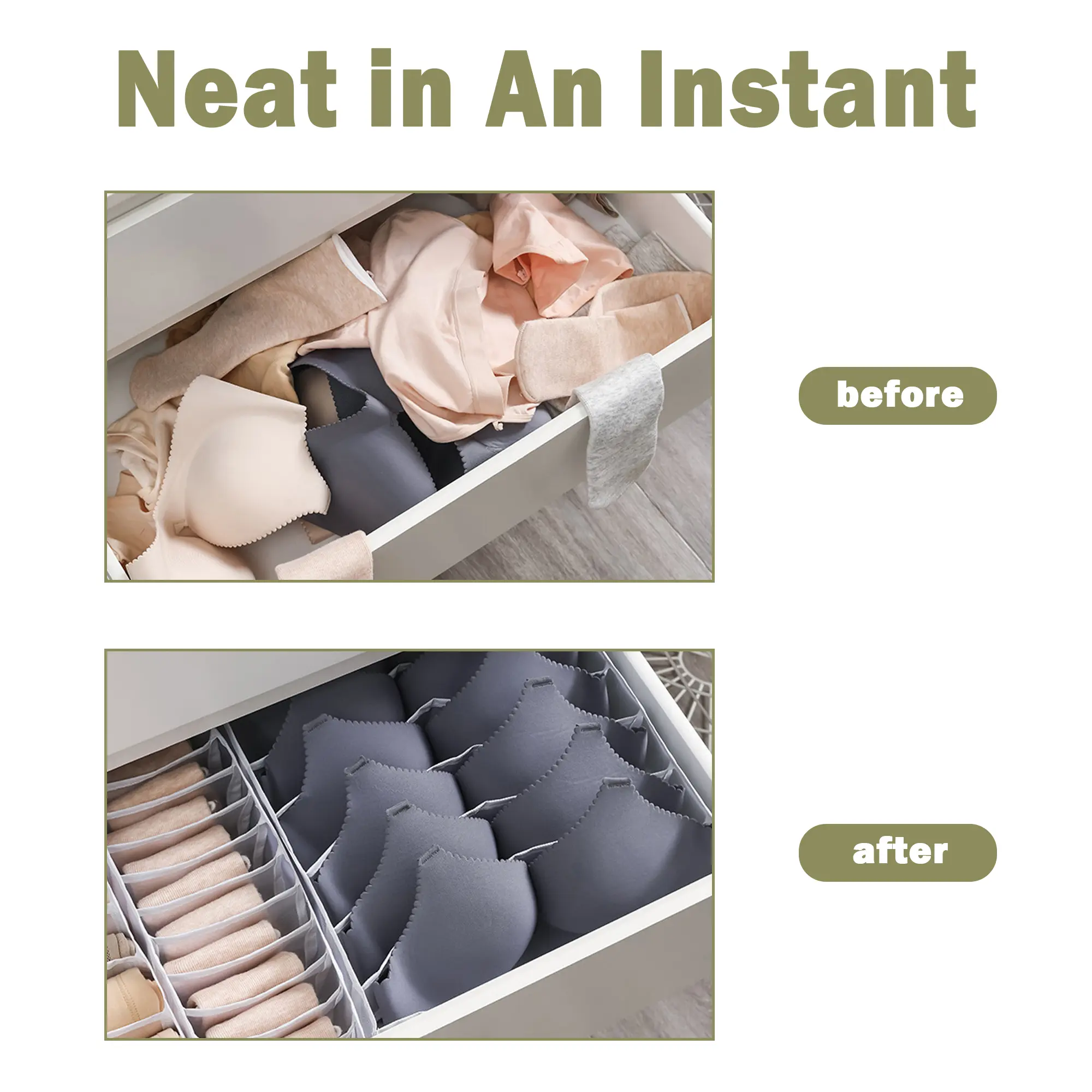 3-Count Foldable Underwear Organizer Bins, Cloth Covered Open Storage Bins for Bras, Socks, Ties, Drawer Divider for Closet & Storage Organization