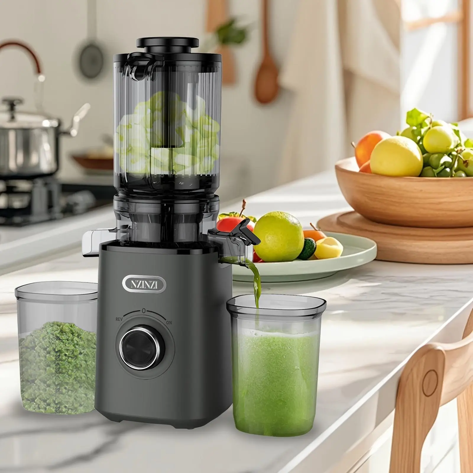 NZINZI 4.5-in Cold Press Slow Masticator Juicer - 4.4 In Silent Motor, Automatic Feeding, Pulp Separation, Easy Clean, Space-Saving Ultra Compact, Oversize Feeder Mouth for Whole Fruits/Vegetables, Family-Friendly (namac2)