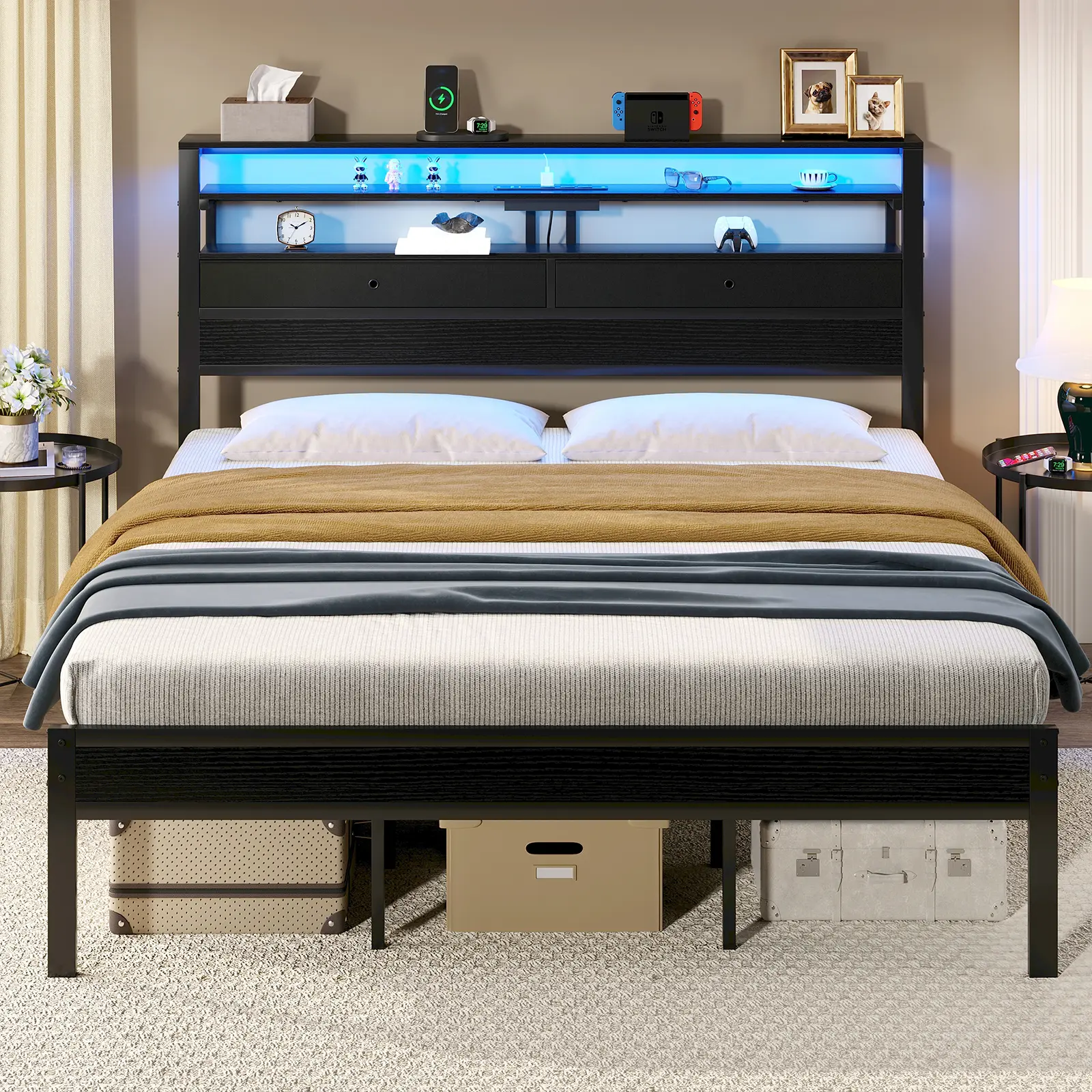 Bed Frames with Charging Station and LED Lights, Wood Headboard with 2 Fabric Drawers and Storage Shelves, Twin Size Platform Bed with Metal Slats, No Box Spring Needed