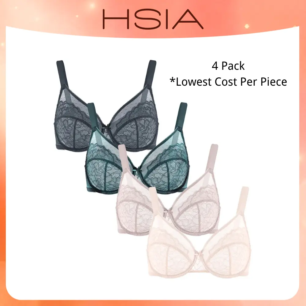 【4 Pack】HSIA Enchante Lace Bra Set Floral Lace Underwire PLus Size Full Coverage Bra Bundle