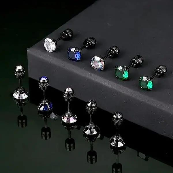 Unisex 5 Pairs 6mm Titanium Steel Screw Back Surgical Stainless Steel Stud Earrings - 5A Colored Cubic Zirconia Inlay, Hypoallergenic for Sensitive Ears, Sleep-Friendly, Ideal for Birthday, Engagement, Anniversary Daily Use (Home Improvement)