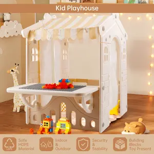 Kid Plastic Outdoor Playhouse With Light Strip And Building Blocks Toddler Toy