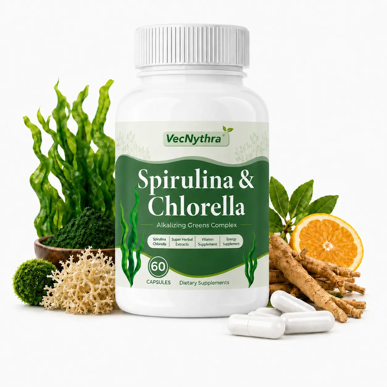 VecNythra Spirulina & Chlorella Vegan Capsules, Gut Health Support, Green Superfood Botanical Blend, Daily Dietary Supplement Healthcare Edible