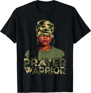 Camo Hat Prayer Warrior God Jesus Christian Black Girl Women Casual Short Sleeve Cotton T-Shirt