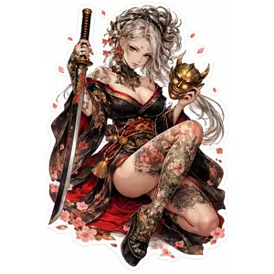 Samurai Tattoo Goddess Vinyl Sticker, Black & Red Kimono, Gold Oni Mask and Floral Full-Leg Irezumi Art, Perfect for Laptops, Water Bottles, Phone Cases & Journals