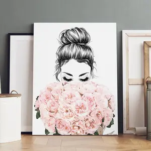 Frameless canvas painting with patterns of figures and flowers. A single-piece wall art painting in a modern and minimalist style, suitable as wall decoration artworks for the living room, bedroom and office at home, as well as wall decoration prints.