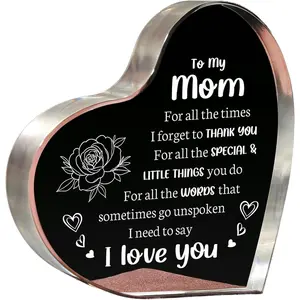 Heart Shaped Acrylic Block, Flower & Letter Pattern Decorative Ornament, Inspirational Creative Gift for Mom