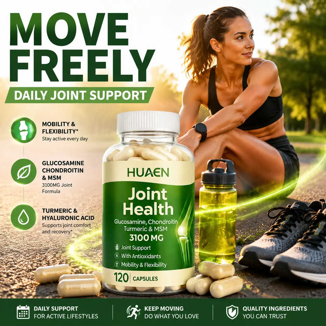 Move Freely Daily Joint Support Supplement, Glucosamine Chondroitin MSM with Turmeric & Hyaluronic Acid, Supports Joint Comfort, Mobility & Flexibility, 120 Capsules
