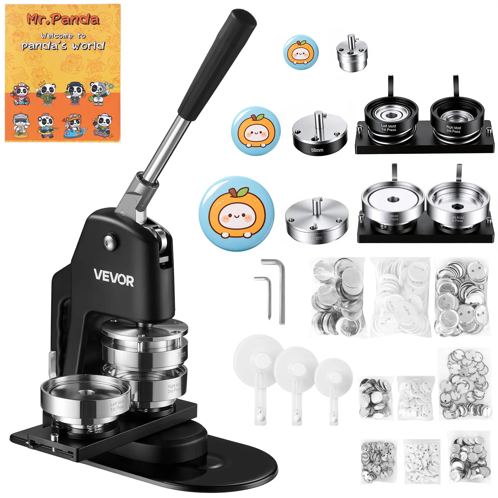 VEVOR Manual 3-in-1 Button Maker Machine (1.25"/2.25"/3" | 32/58/75mm) with 300 Buttons, Circle Cutter, Magic Book, Ergonomic Handle, Color-Retaining Accessories, Built to Last, 95%+ Success Rate, for Family DIY Activities, Keychains, Fridge Magnets