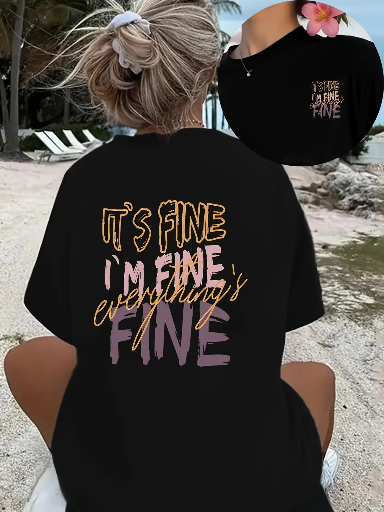 Women Crew‑Neck Short‑Sleeve T‑Shirt, Double‑Sided Geometric "It's Fine I'm Fine" Print, All‑Season Beach Vacation Casual