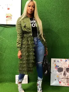 Women's Solid Contrast Mesh Coat Jackets, Fashion Chic Casual Layered Ruffle Hem Long Sleeves Zip Up Longline Outerwear for Daily Wear, Winter Clothes Women, Women's Clothing for Spring & Fall, Womenswear