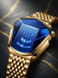 Binbono Men's Watch, Case, Blue Dial, Quartz Movement, Stainless Steel Strap, Waterproof, Cyberpunk Style, Fashionable Waterproof Watch, Quartz Wrist Watches, Gift for Him
