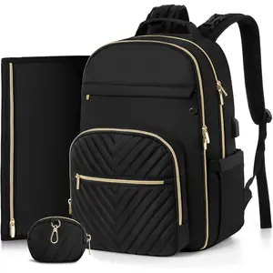 Diaper Bag Backpack, Quilted  Bag with Changing Pad &  Straps & Pacifier Case, Large Travel Diaper Bags for Mom Dad, Black