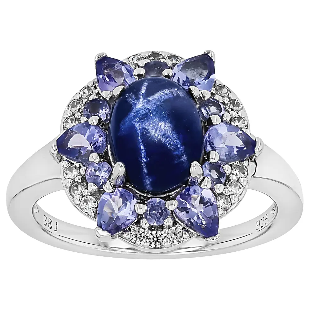 Unisex JTV Blue Star Sapphire Oval Cabochon Ring, Rhodium-Plated Sterling Silver, 1.35ctw Gems