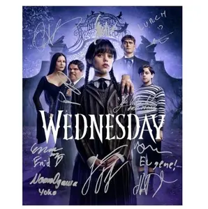 Wednesday Addams (Netflix) - Jenna Ortega, Reproduction (RP), Preprint, Preprinted (PP) Signed Autograph Autographed Photo Photograph Print (8 x 10 inches), Hunter Doohan, Emma Myers, Catherine Zeta-Jones, Luis Guzman, Georgie Farmer, Moosa Mostafa