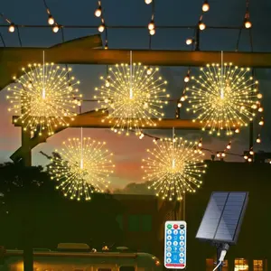 Solar-Powered Hanging Outdoor Firework Lights, 450 Leds, Timer & Remote Control, 8 Flash Modes, Smart Light Sensor, Perfect for Patio, Garden, Tent Decor