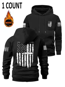 Men's Fall Winter Perfect Hoodie, Long Sleeve Fashion Casual Clothing, Comfortable Loose Fit Soft Fabric, Trendy Flag Pattern Design, Ideal Gift