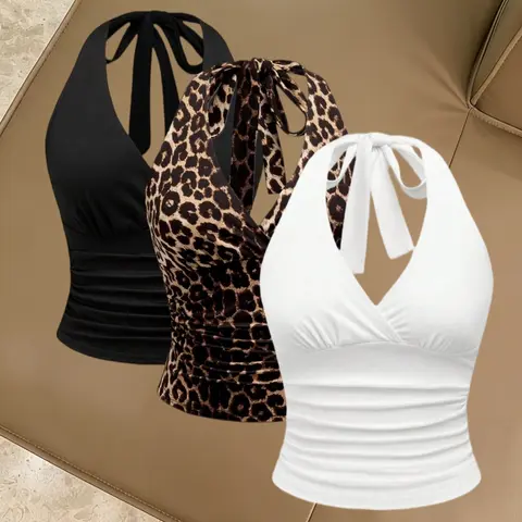 Spring Summer Women's Leopard Print Sleeveless Tank Top Casual Style Set, Casual Fitted Plain Pattern, Three-Piece Without Zipper or Collar, Womenswear Clothes