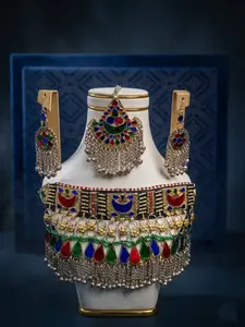 Women's Luxury Boho Statement Artificial Gemstone Jewelry Set - Colorful Tribal Choker Necklace, Earrings & Headpiece, Vintage Afghan Ethnic Wedding Jewelry Sets for Brides