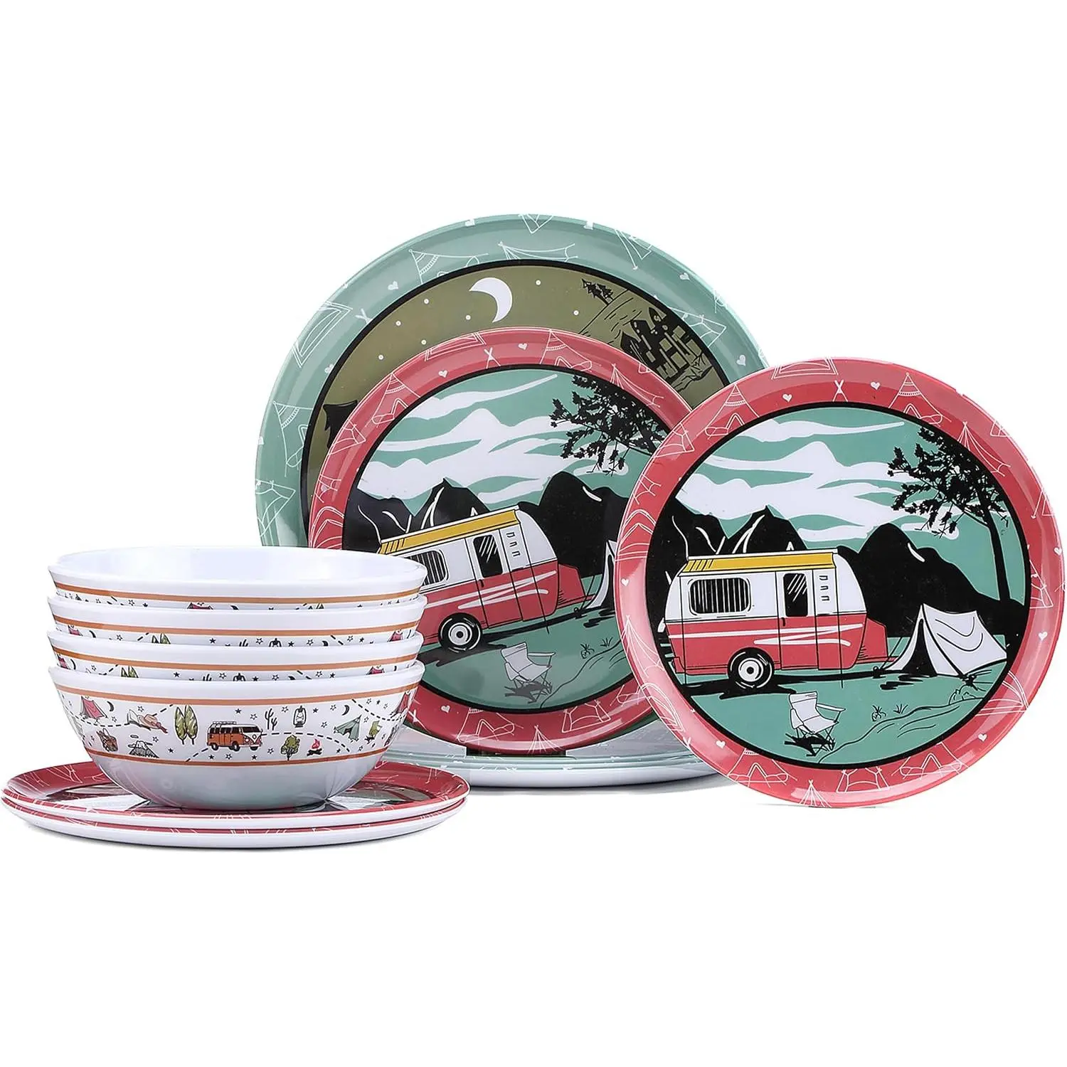 12-Piece Melamine Dinnerware Set, Camping Plates and Bowls Set of 4, Lightweight Outdoor Dishes with Camper Van & Tent Design for RV, Picnic, Backpacking, and Patio,Dishwasher Safe