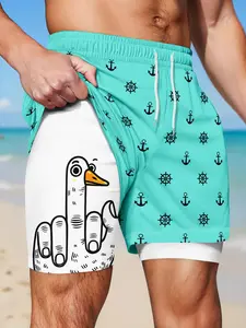Men's Two-In-One Quick-Dry Beach Shorts, Fun Middle Finger Duck Ship Anchor Print, Drawstring Casual Summer Vacation Shorts